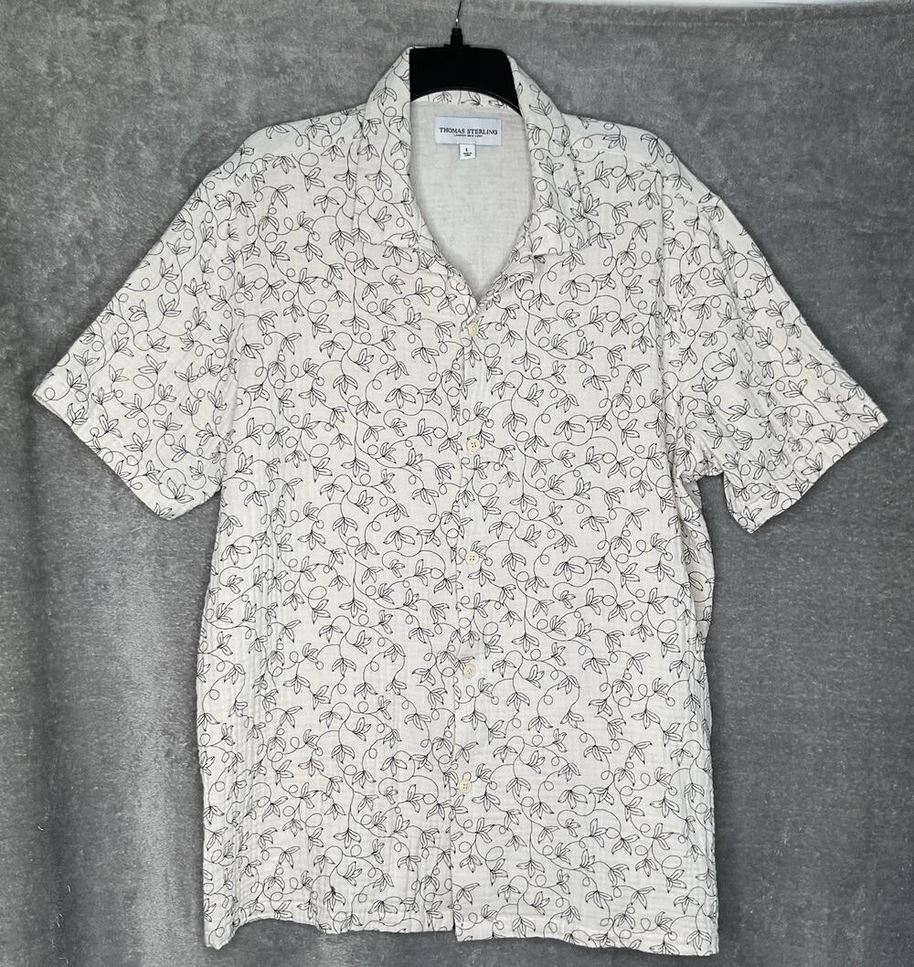 Thomas Sterling Mens Large Beige Black Leaf Print Shirt Button Front